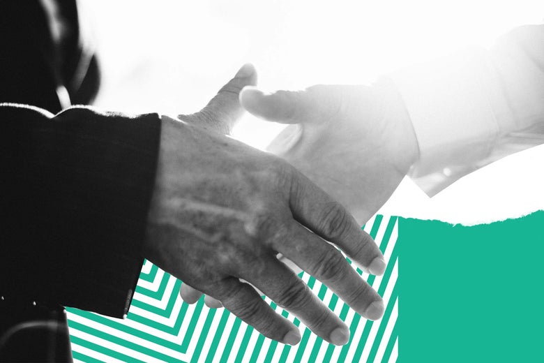 Two people shaking hands, photo illustration.